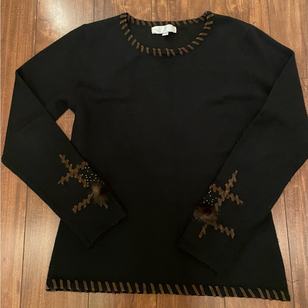 Black Sweater W/Leather, Beads & Rabbit Hair